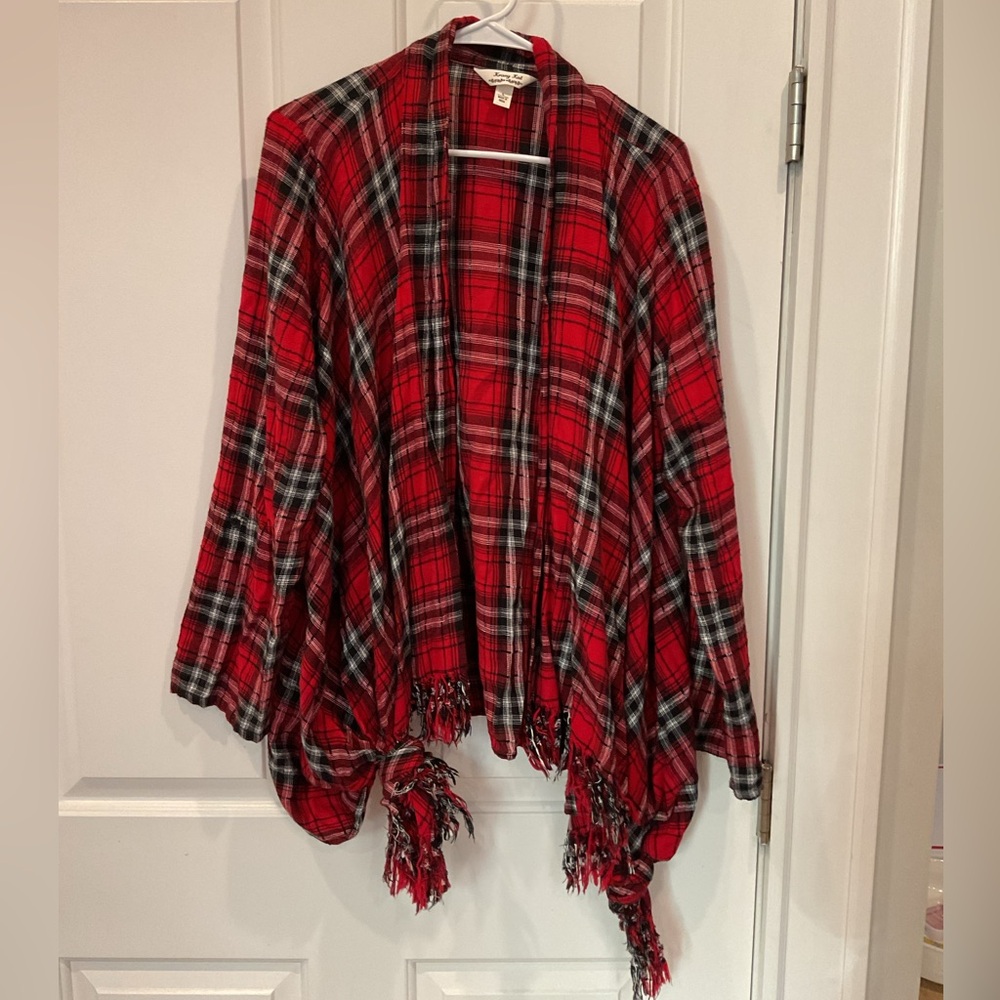 Red and Black Plaid Fringe Cardigan